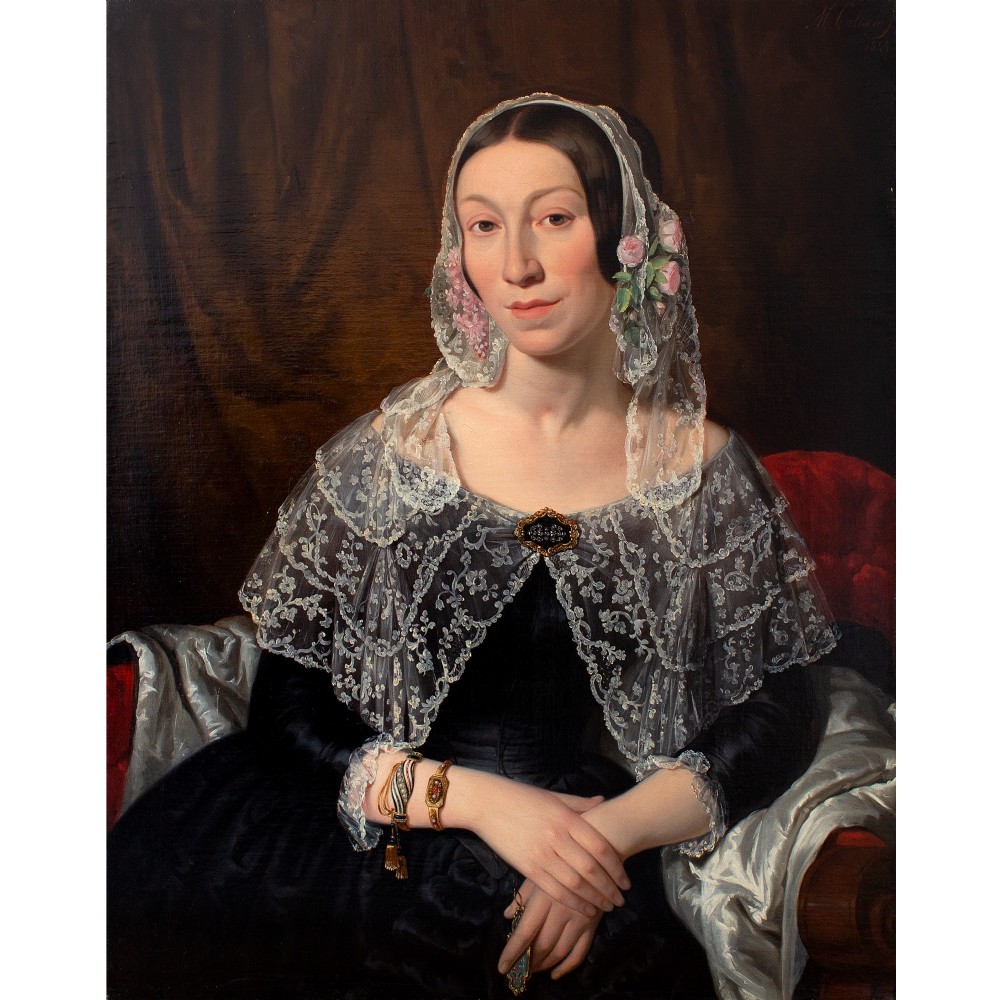 Moritz Calisch, Portrait Of A Lady With A Floral Bonnet, Mid-19th Century Oil Painting
