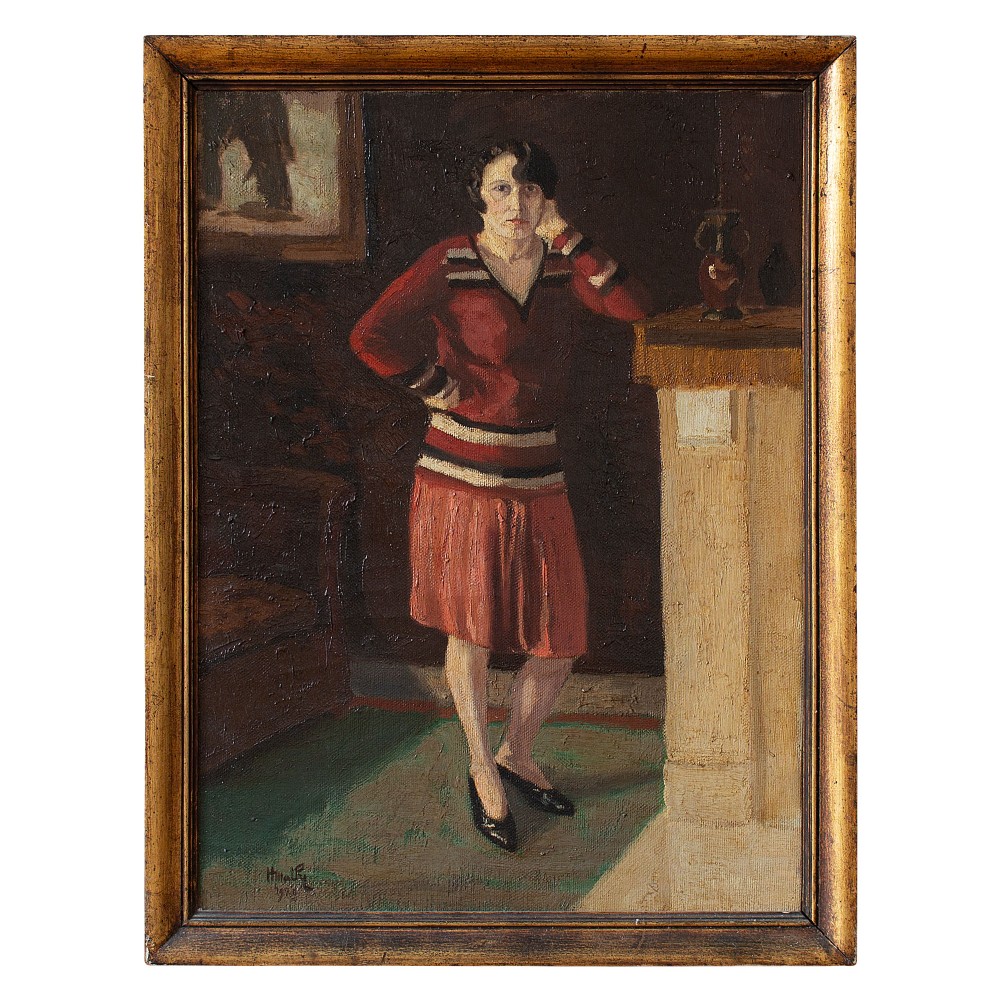 Henri Mathy, Portrait Of A Woman In A Red Skirt, 1920s Oil Painting, Fashion