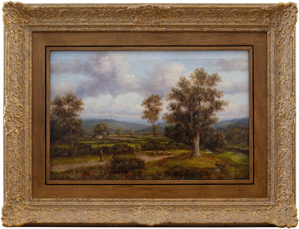 M Corper, Pastoral Scene With Distant Hills, 19th Century Antique Oil Painting