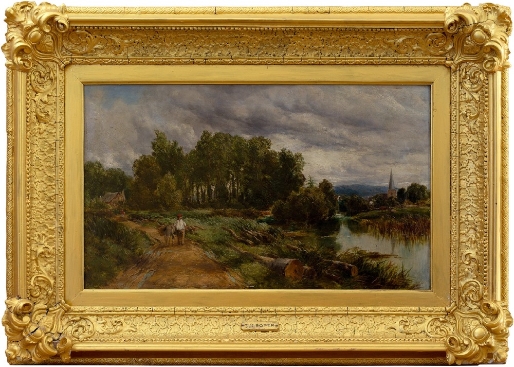 Thomas James Soper, Rural Landscape With River & Distant Church, 19th-Century Antique Oil Painting