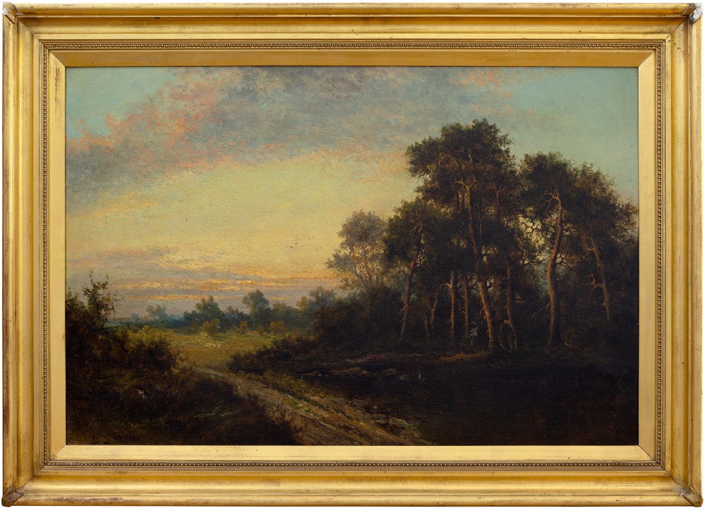Daniel Sherrin, Rural View With Pine Trees & Sunset, 19th Century English Landscape Painting