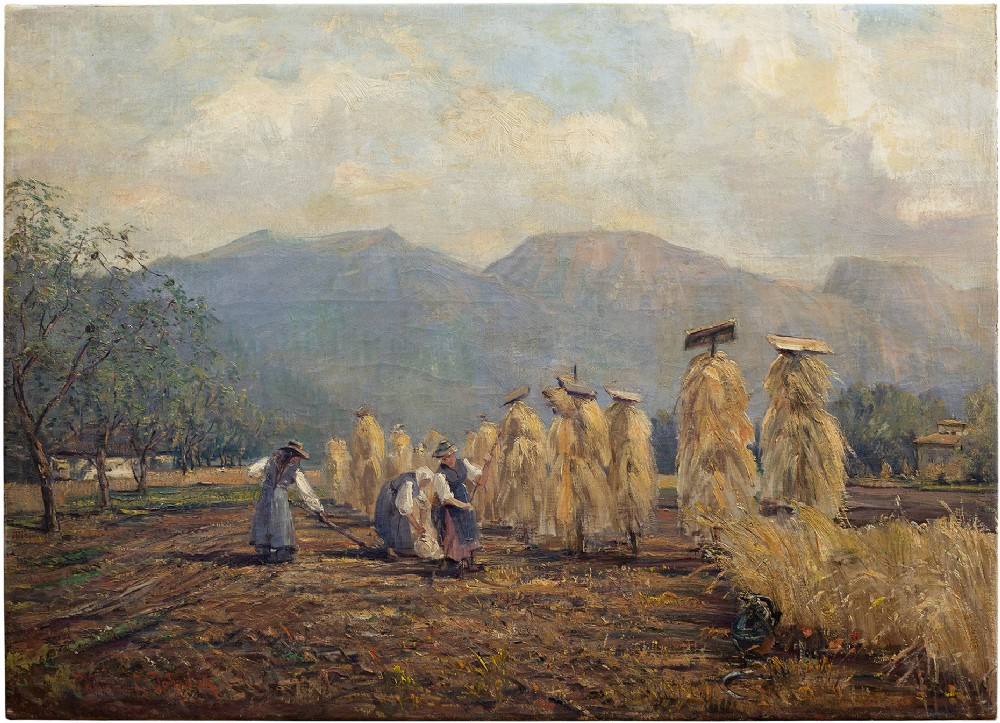 William E Johnsen, Italian Landscape With Women Harvesting, Danish Impressionism, c. 1920