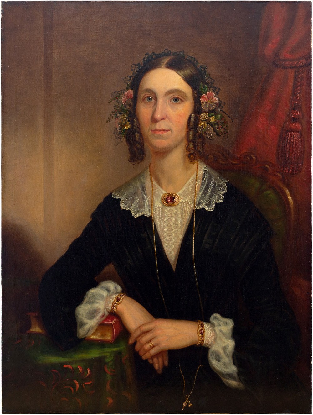 19th-Century British School, Portrait Of A Lady With A Ruby Necklace, Oil Painting