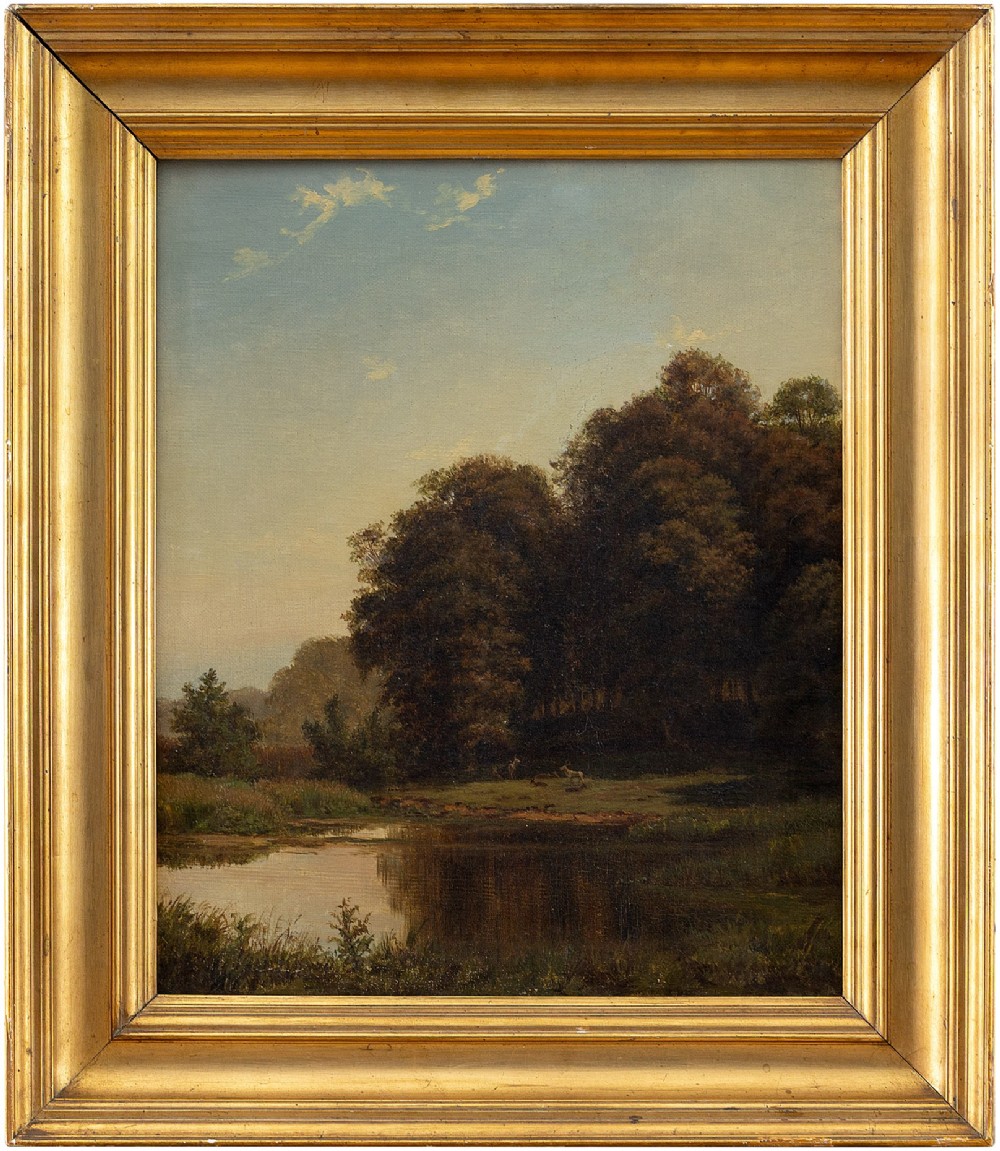 Frederik Christian Jakobsen Kiaerskou, Landscape With Deer & Pond, Antique Landscape Painting