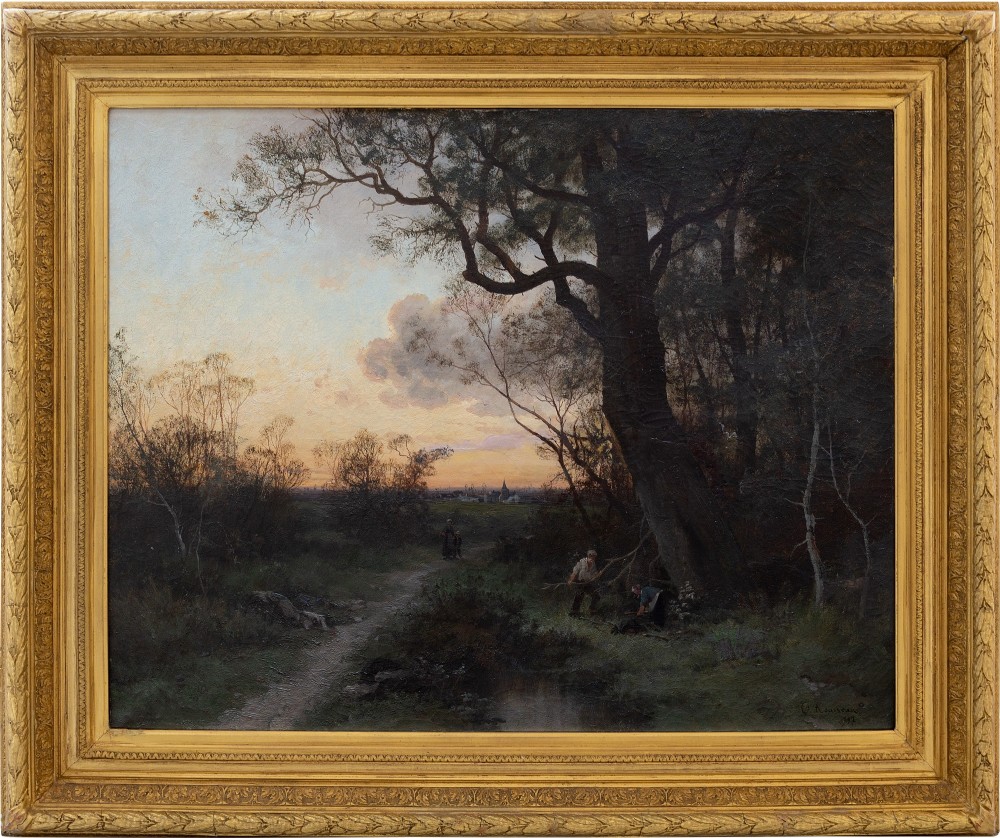 C Rousseau, Evening Landscape With Brushwood Collectors, 19th-Century Oil Painting