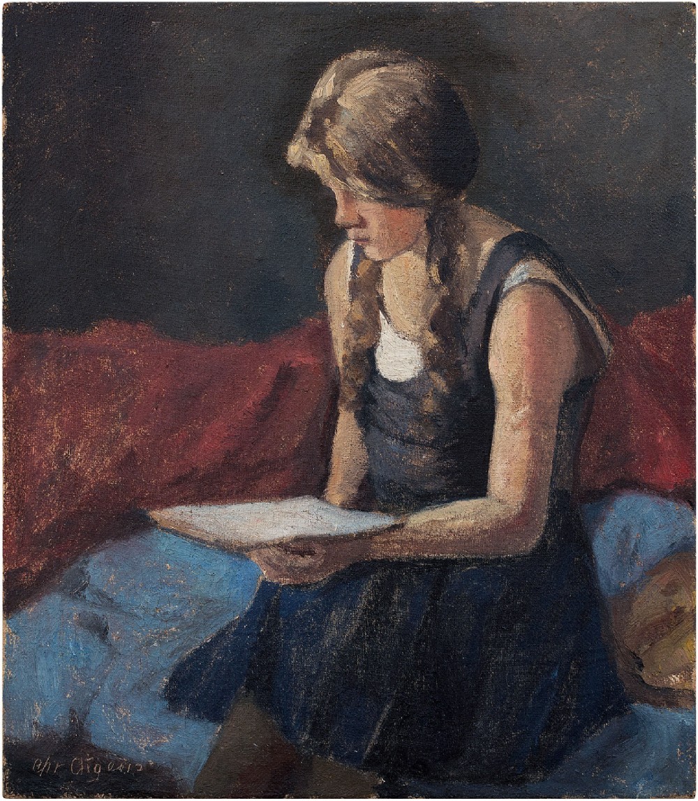 Christian Aigens, Portrait Of A Girl Reading, Vintage Oil Painting