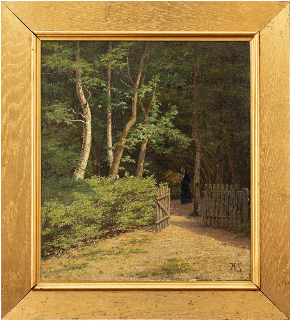 Harald Schumacher, Landscape With Forest & Nun, Antique Oil Painting