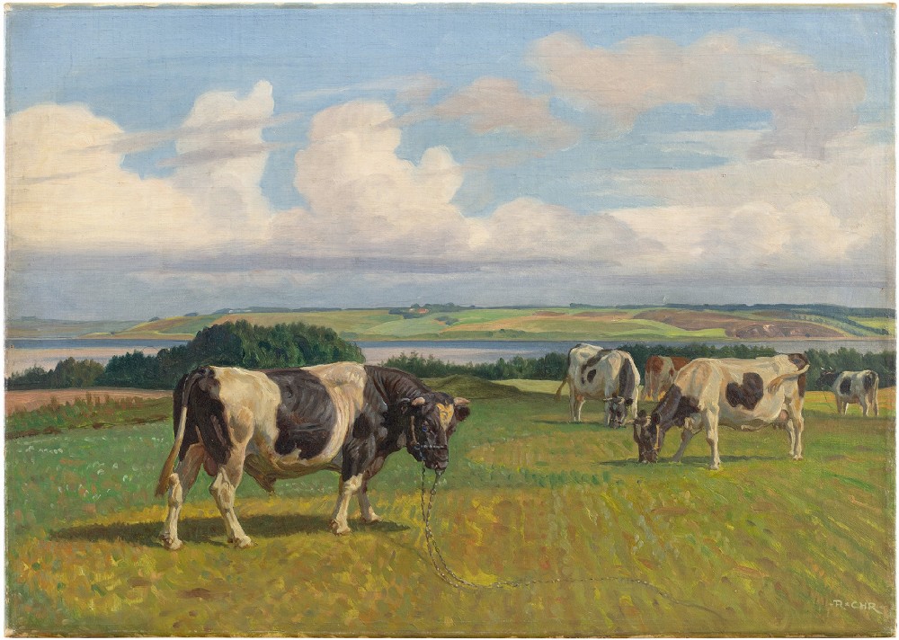 Rasmus Christiansen, Pastoral Landscape With Bull & Grazing Cows, Antique Oil Painting