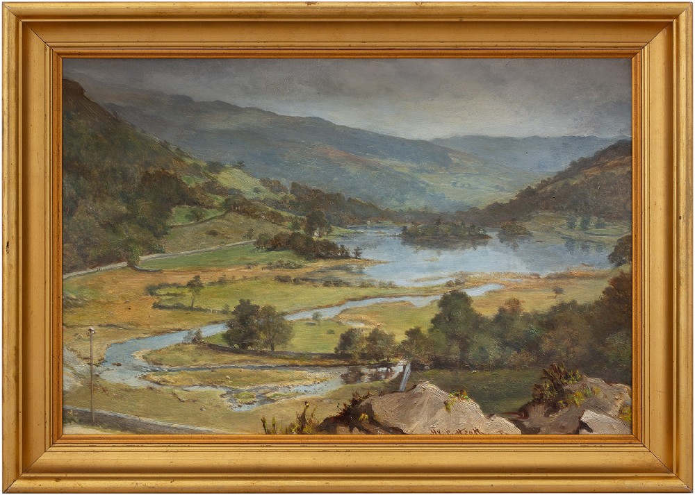 Henry Charles Heath, Mountainous Landscape With Lake, 19th-Century Antique Oil Painting