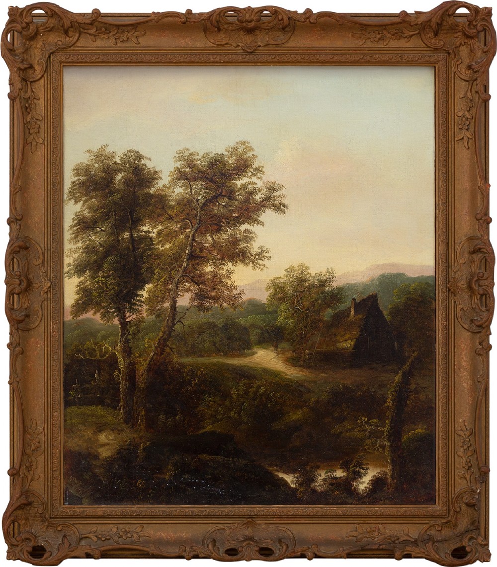 Charles Greville Morris, Landscape With River, Cottage & Distant Hills, 19th Century Oil Painting