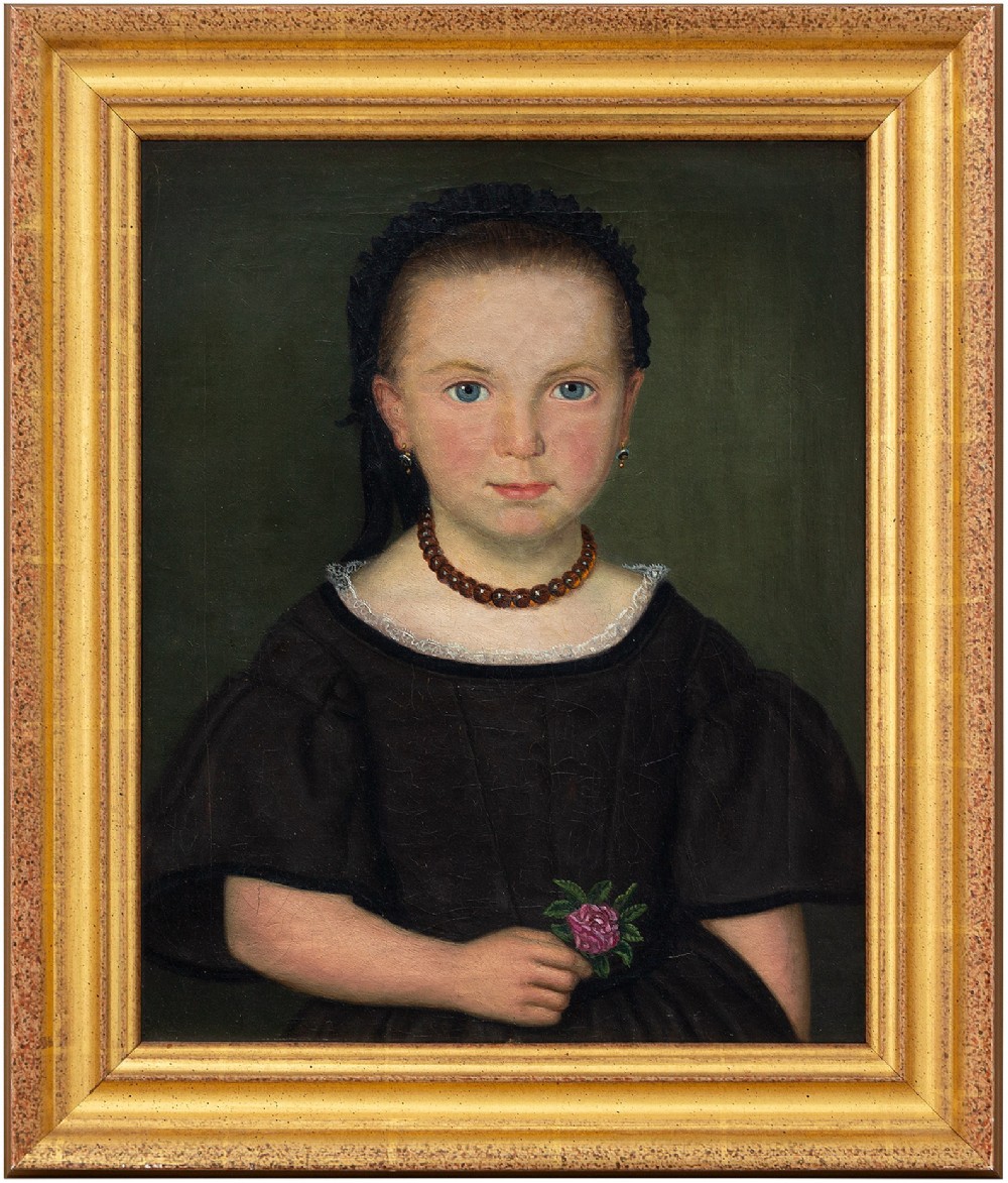 19th-Century Portrait Of A Girl With A Flower, Antique Oil Painting