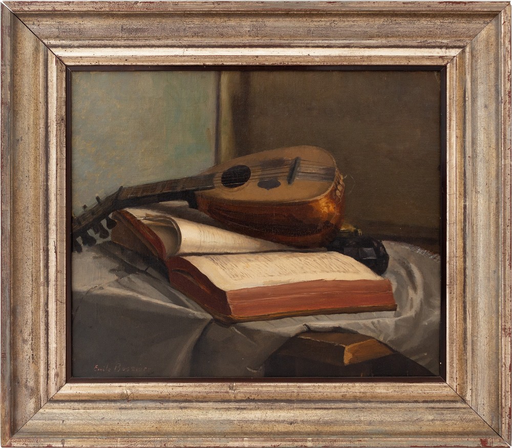 Emile Bussier, Still Life With Mandolin & Book, Antique Oil Painting