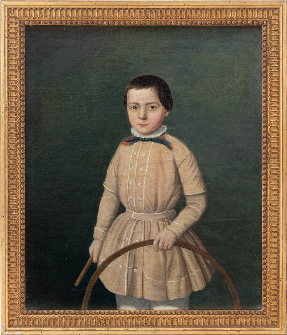 19th-Century French School Provincial Portrait Of A Boy With A Hoop, Antique Folk Art