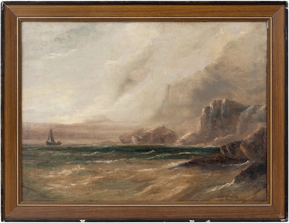 Stanley Montague, Stormy Coastal View With Sailboat, Antique Oil Painting, Scottish