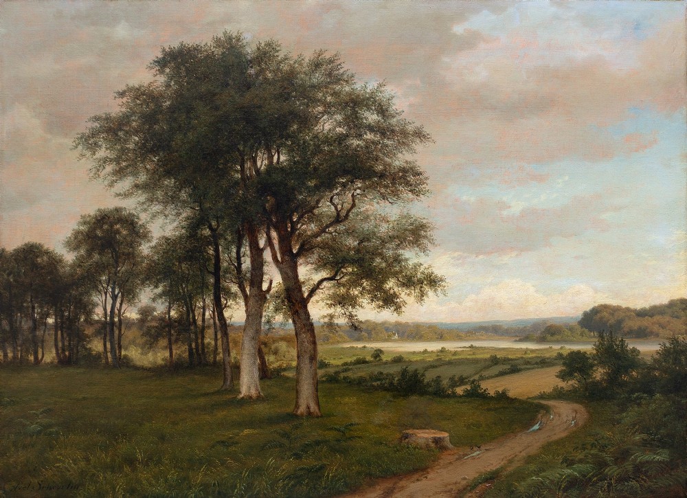 Axel Schovelin, Danish Landscape With Lake, 19th Century Antique Oil Painting