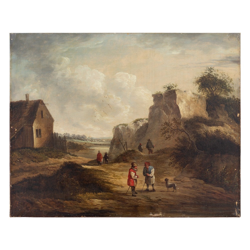 19th-Century Dutch School Landscape With Villagers, Oil On Canvas, Antique Oil Painting
