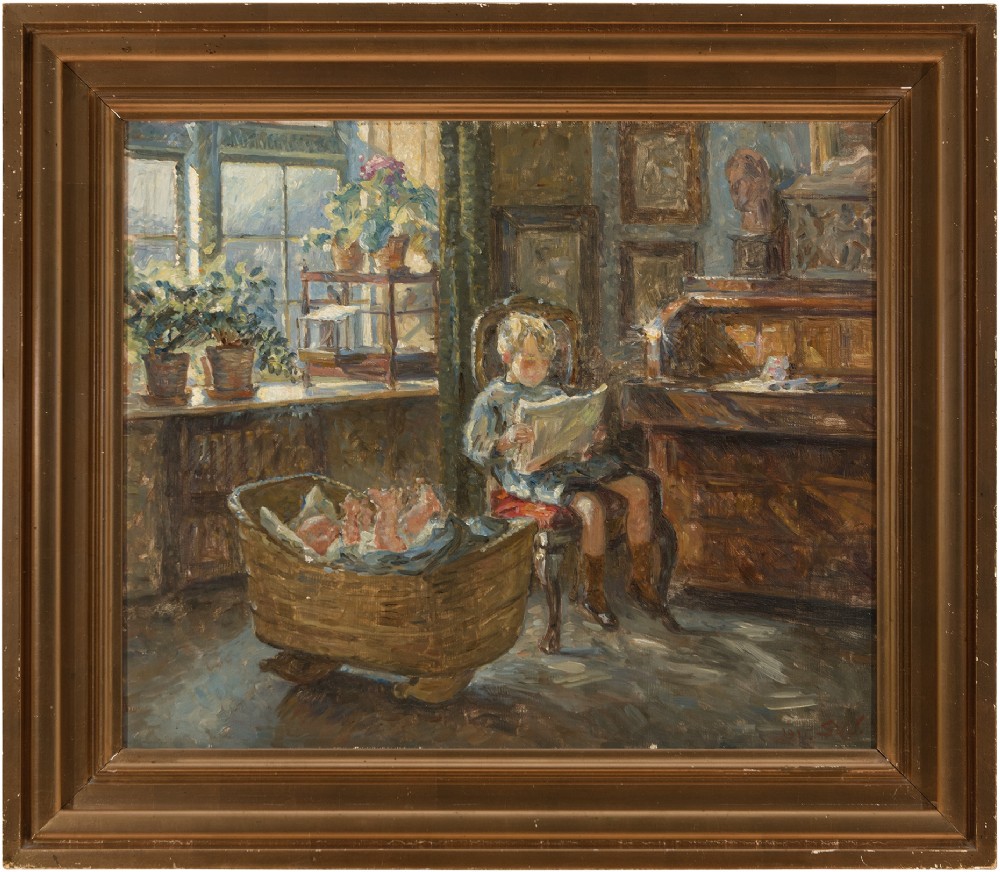 Sigurd Wandel, Interior Scene With Young Siblings, Oil Painting