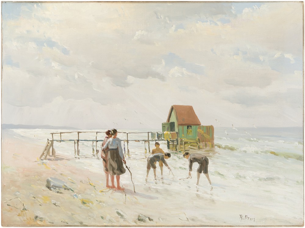 Mark Osman Curtis, Coastal Scene With Family, Antique Oil Painting