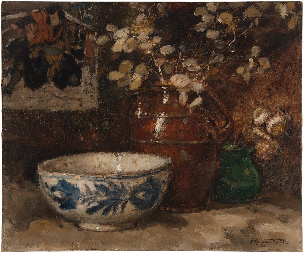 Alfred Van Neste, Still Life With Vase & Bowl, Vintage Oil Painting