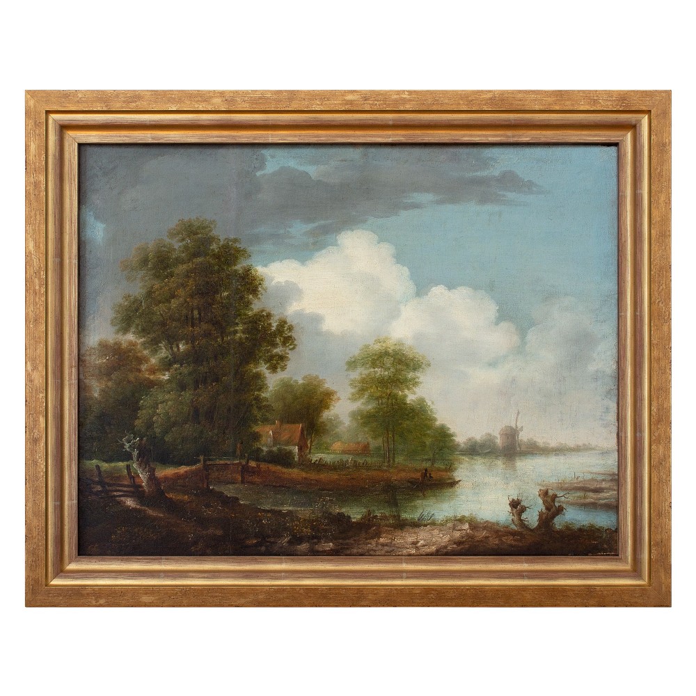 19th-Century Dutch School River Landscape With House & Mill, Antique Oil Painting