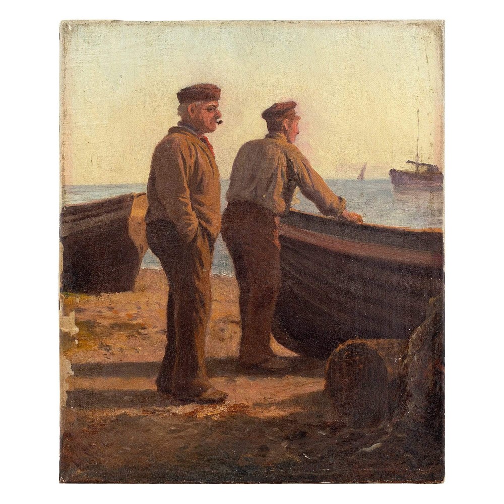 19th Century French School Deux Pecheurs Sur Le Rivage, Antique Oil Painting