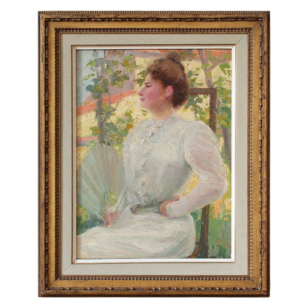 Early 20th-Century French School Portrait Of A Lady With A Fan, Society Portrait, Antique Painting