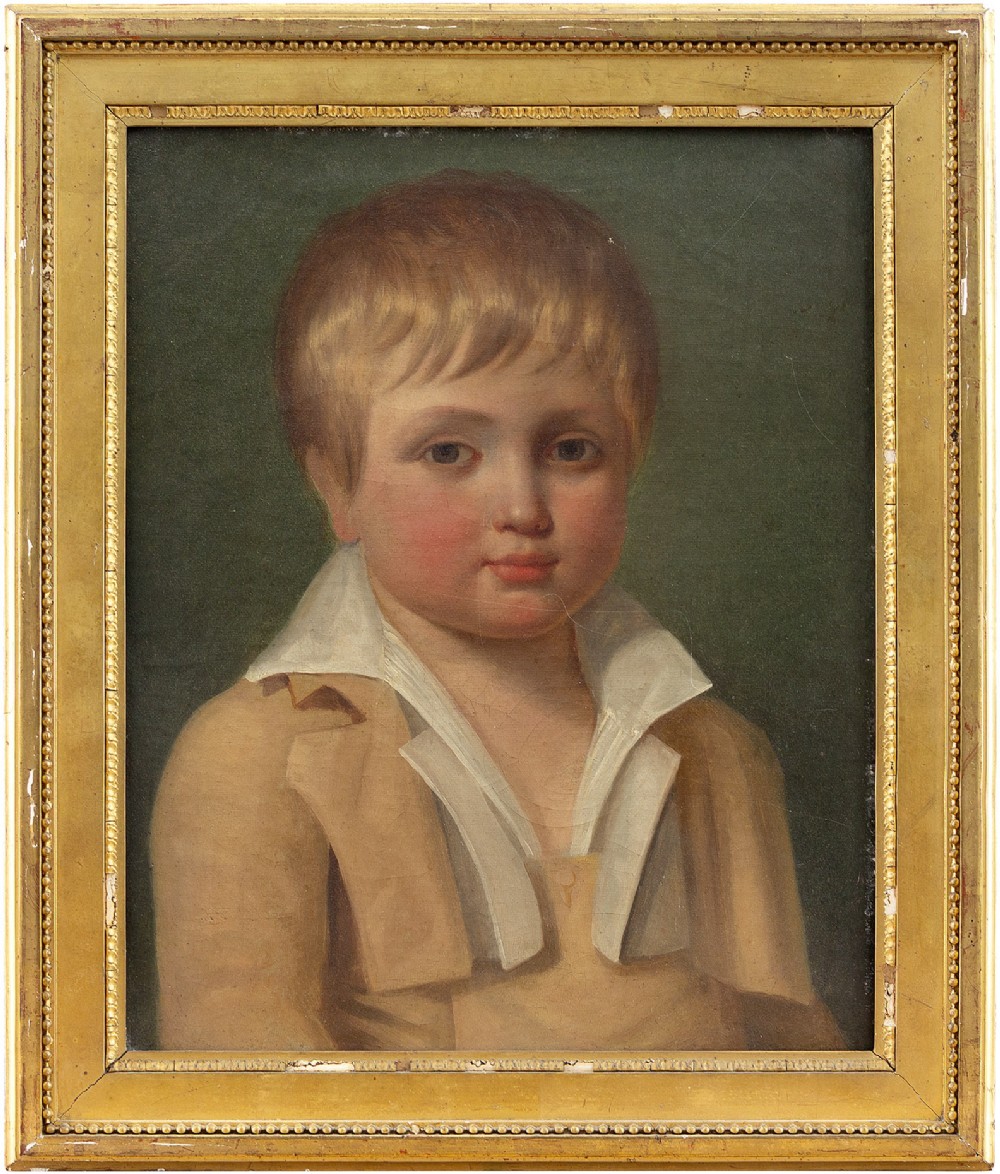 19th-Century French School, Portrait Of A Boy, Antique Folk Art Oil Painting, Naive