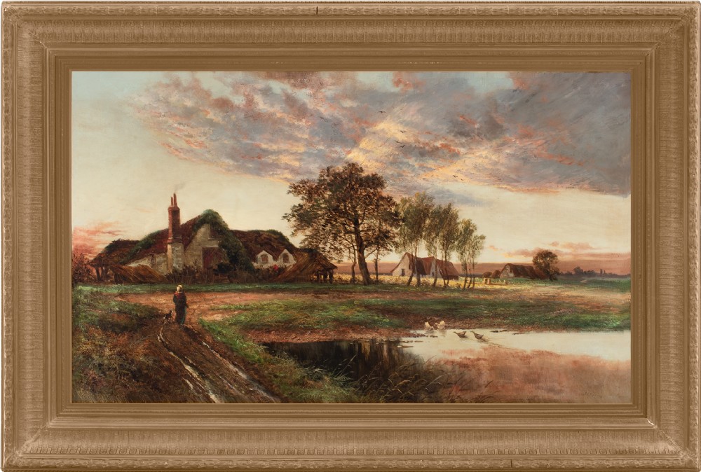 W H Davis, Huge Pastoral Scene With Thatched Cottages, Antique Landscape Painting