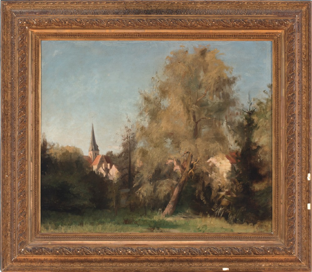 19th-Century Danish School, Forest View With Church - Antique Oil Painting 