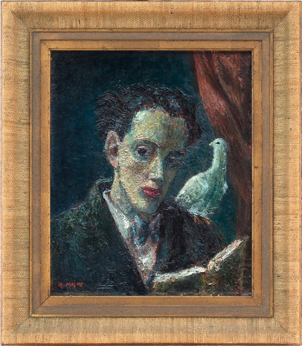 Mid 20th-Century Portrait Of A Man & Dove - Vintage Oil Painting 