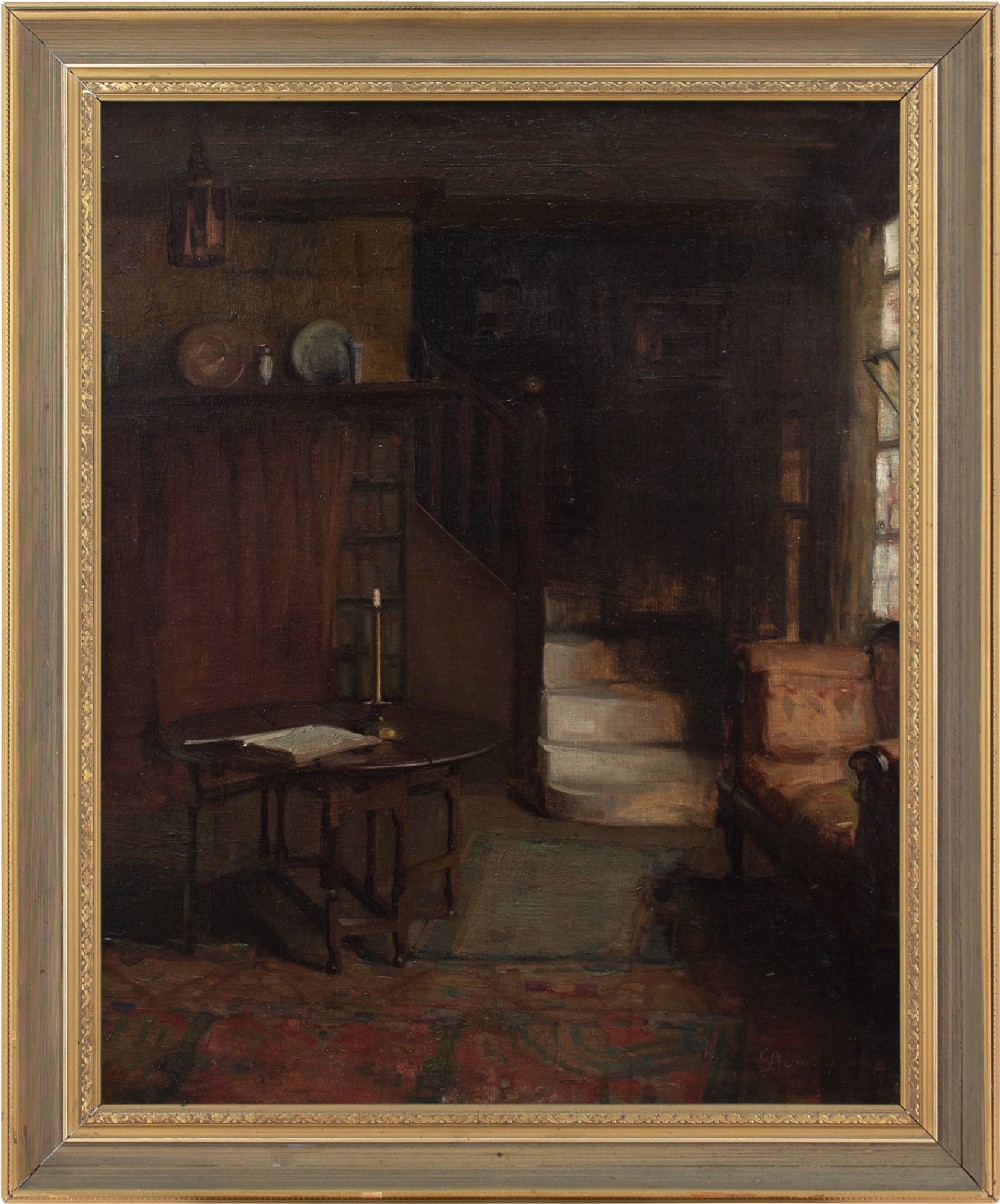 Early 20th-Century Interior Scene With Table - Antique Oil Painting 