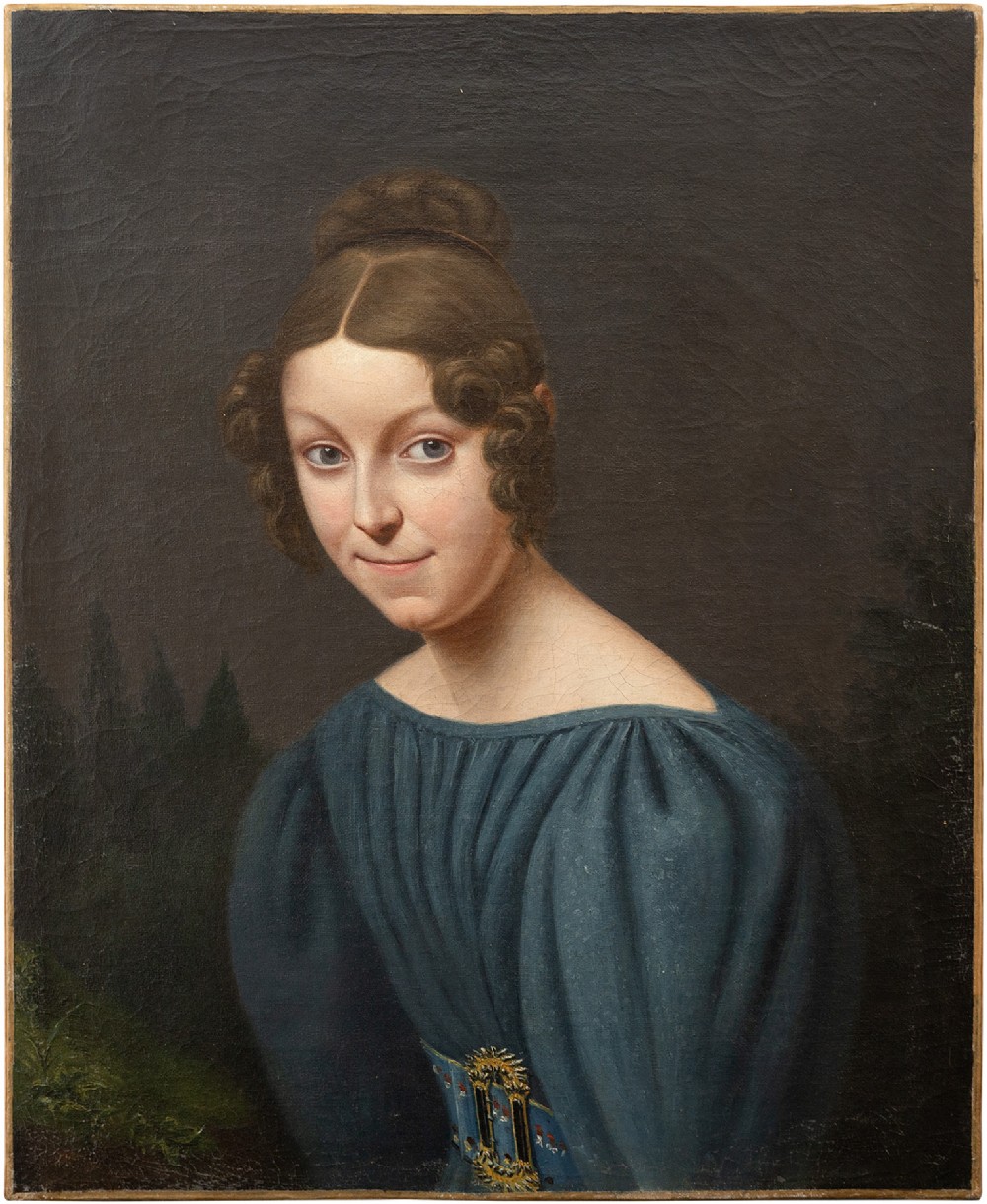 19th-Century French School Portrait Of A Lady With Gigot Sleeves, Antique Oil Painting