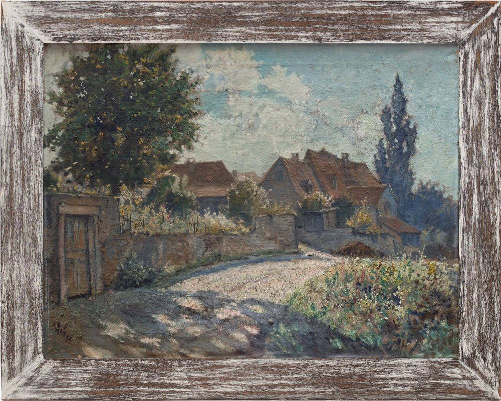 German School, Impressionist Landscape With Cottages, Vintage Oil Painting