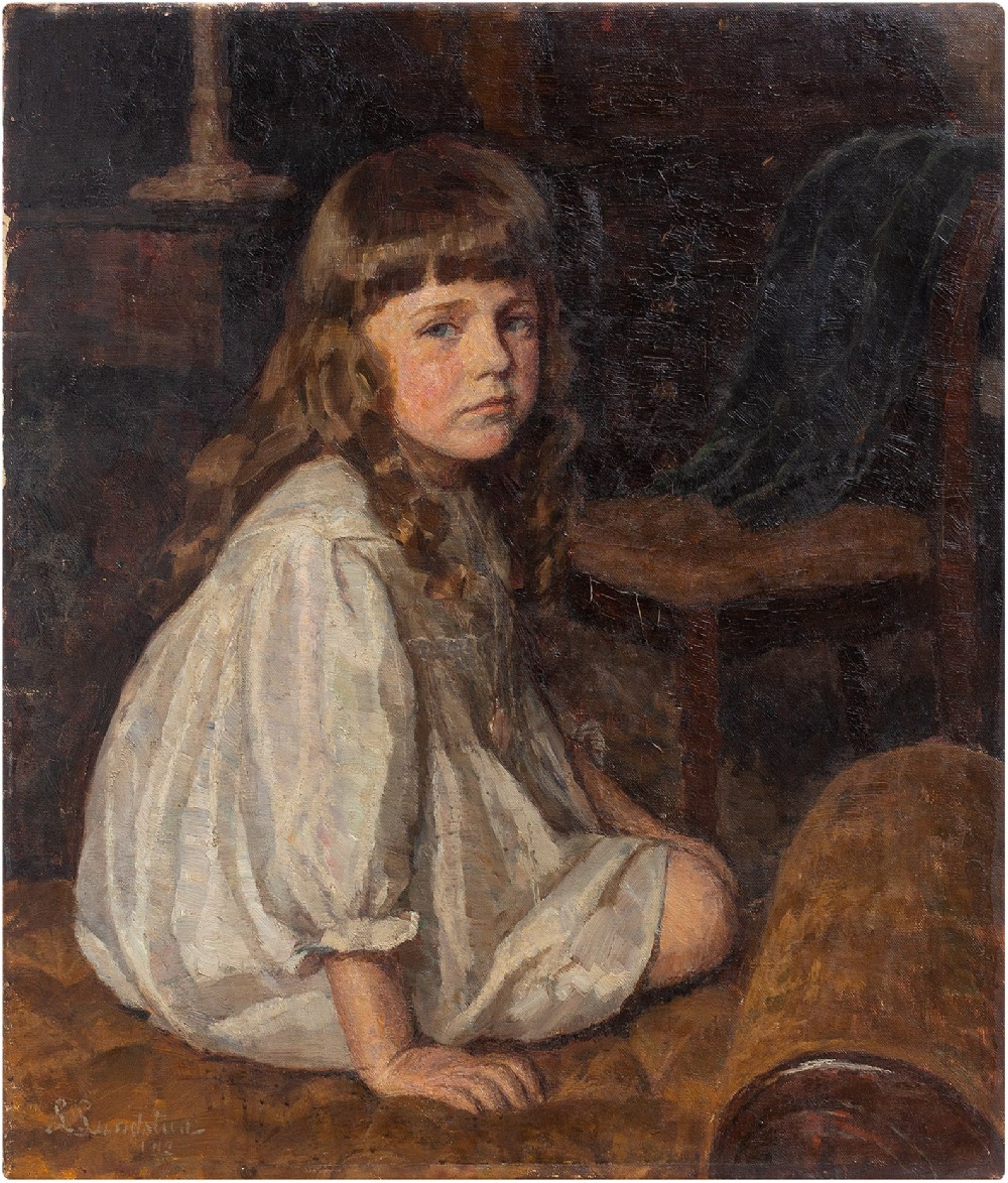 Lilli Lundsteen, Portrait Of A Girl In A White Dress, Antique Oil Painting