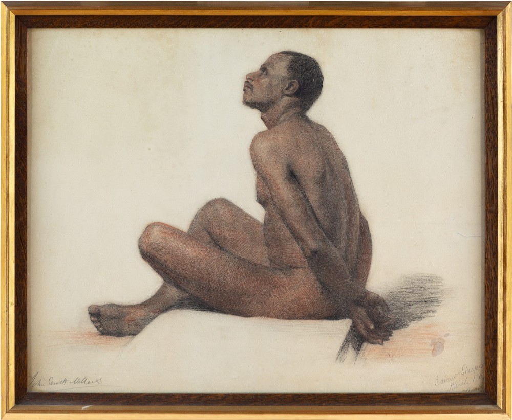 Edward Sharpe, Portrait Of A Seated Male Nude, Signed By Sir John Everett Millais - Antique Drawing 