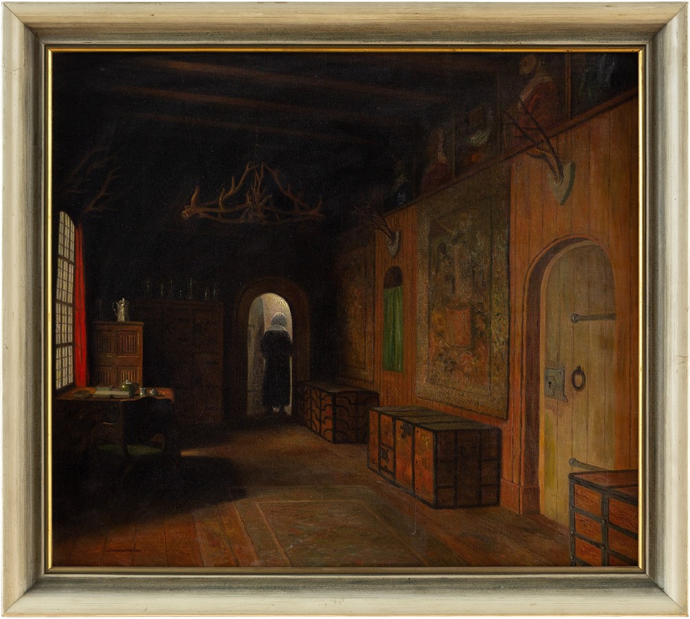 Christian Tilemann-Petersen, Interior Scene With Woman - Antique Oil Painting 
