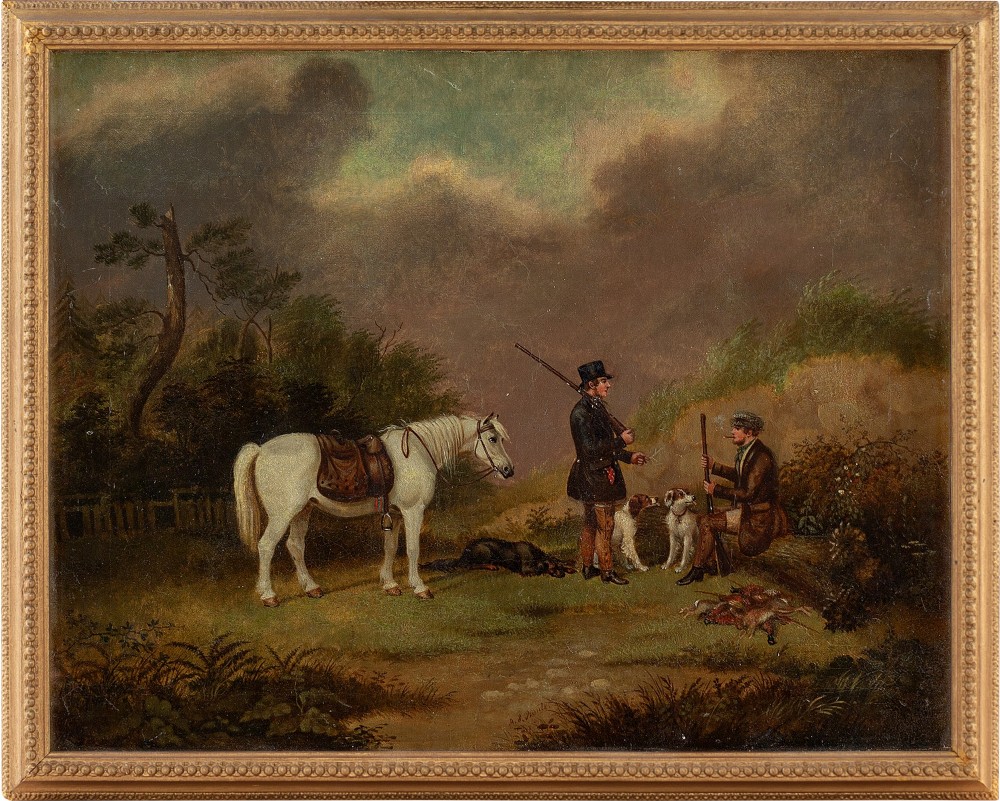 Augustus S Boult, Two Huntsmen With Dogs & Pony - Antique Oil Painting