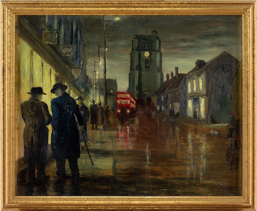 English School, Cold Night In London - Vintage Oil Painting 