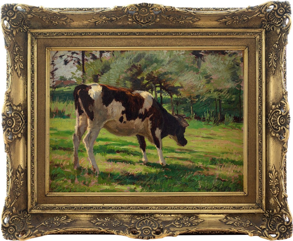 Arthur Wansleben, Study Of A Grazing Cow - Antique Oil Painting 