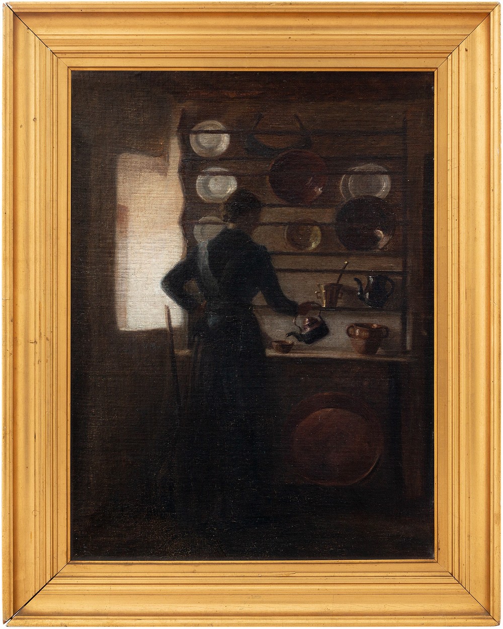 19th-Century Danish School, Kitchen Interior With Woman, Antique Oil Painting