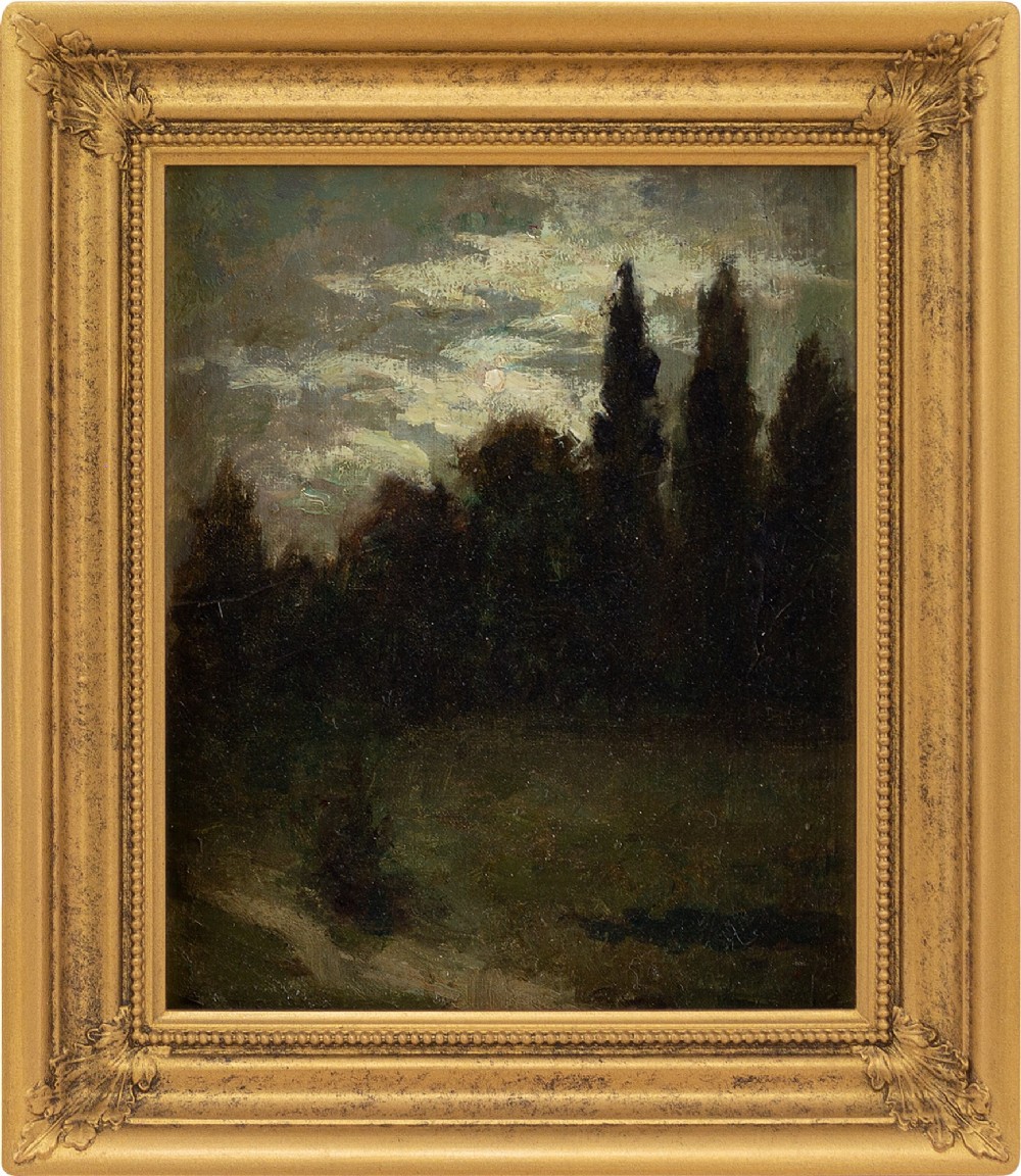 Léon Printemps, Forest Nocturne With Track - Antique Oil Painting 