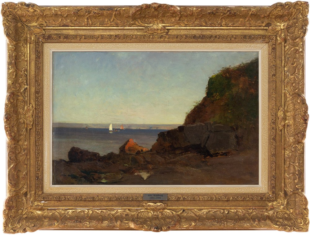 Alfred Wahlberg, Coastal View With Sailboats - Antique Oil Painting 