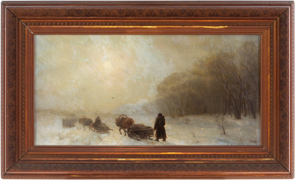 19th-Century Russian School, Winter Landscape With Horse Drawn Sleighs - Antique Oil Painting 
