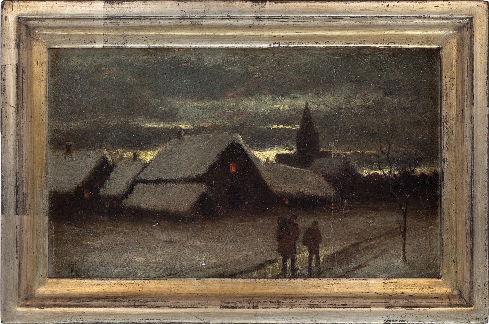 19th-Century German School, Wintery Village Scene With Figures - Antique Oil Painting