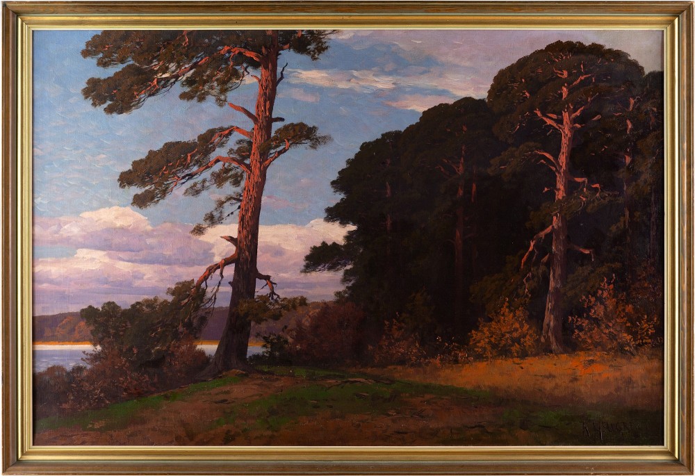 Rudolf Hellgrewe, Landscape With Pine Trees & Lake - Antique Oil Painting 