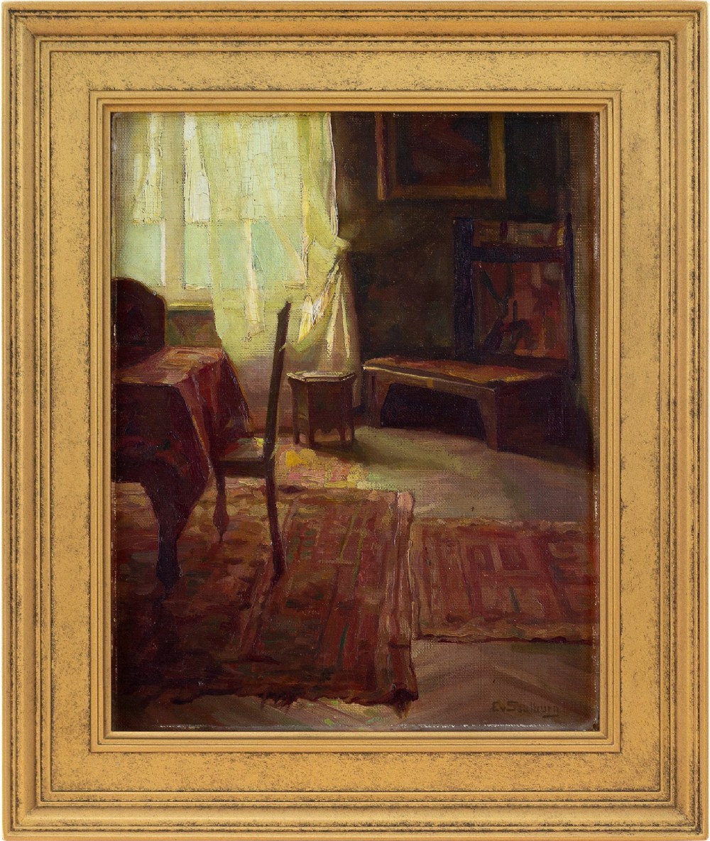 German School, Sunlit Interior - Antique Oil Painting 