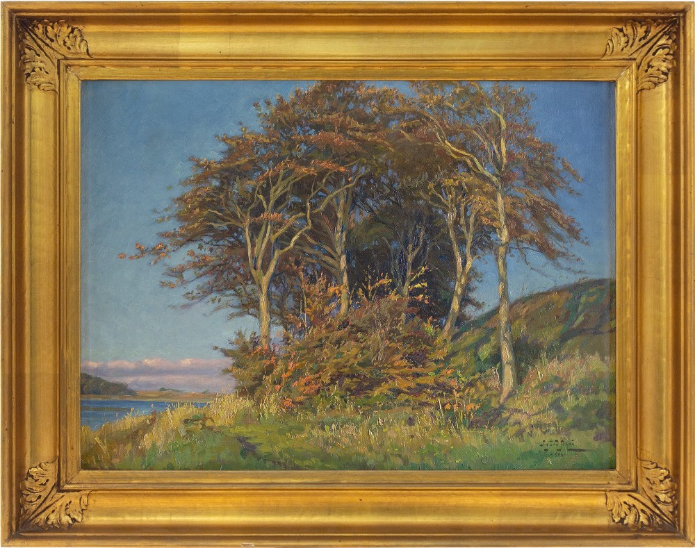 Sigurd Solver Schou, Autumnal Landscape With Lake - Vintage Oil Painting 