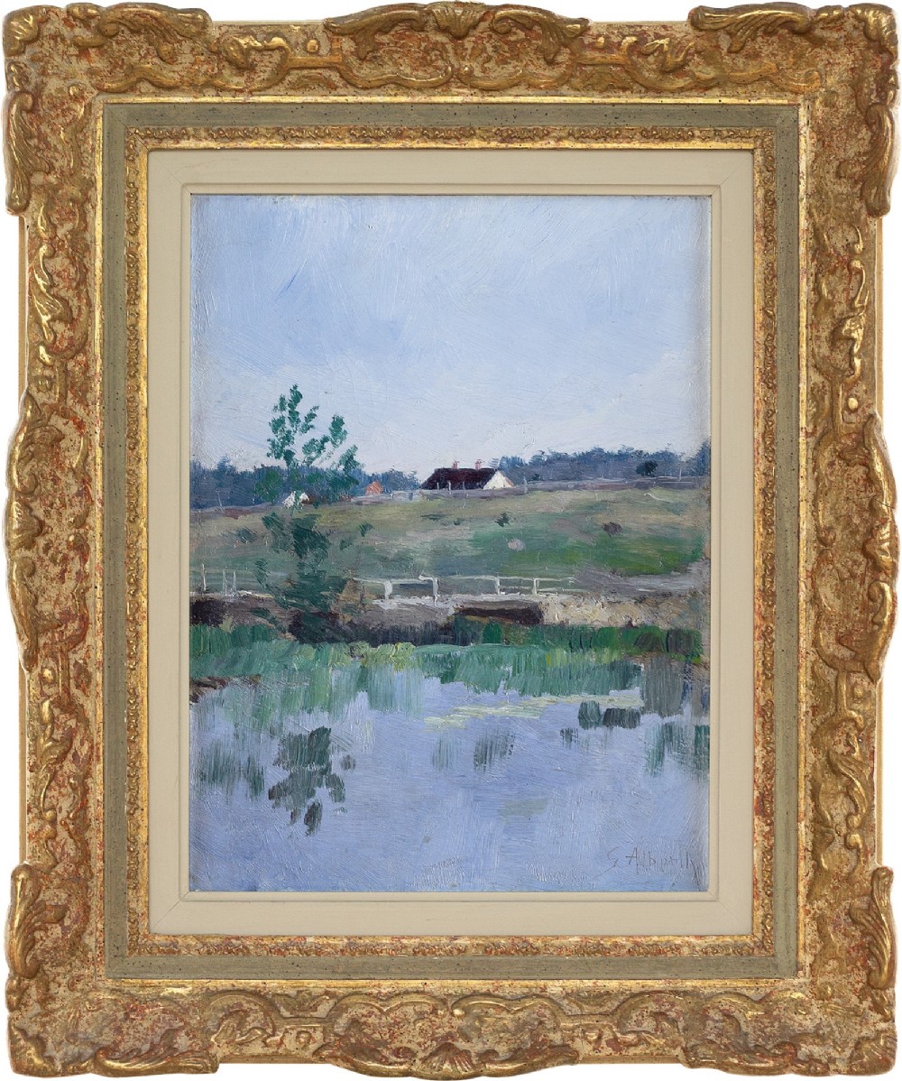 German School, Impressionistic Landscape With Lake - Antique Oil Painting