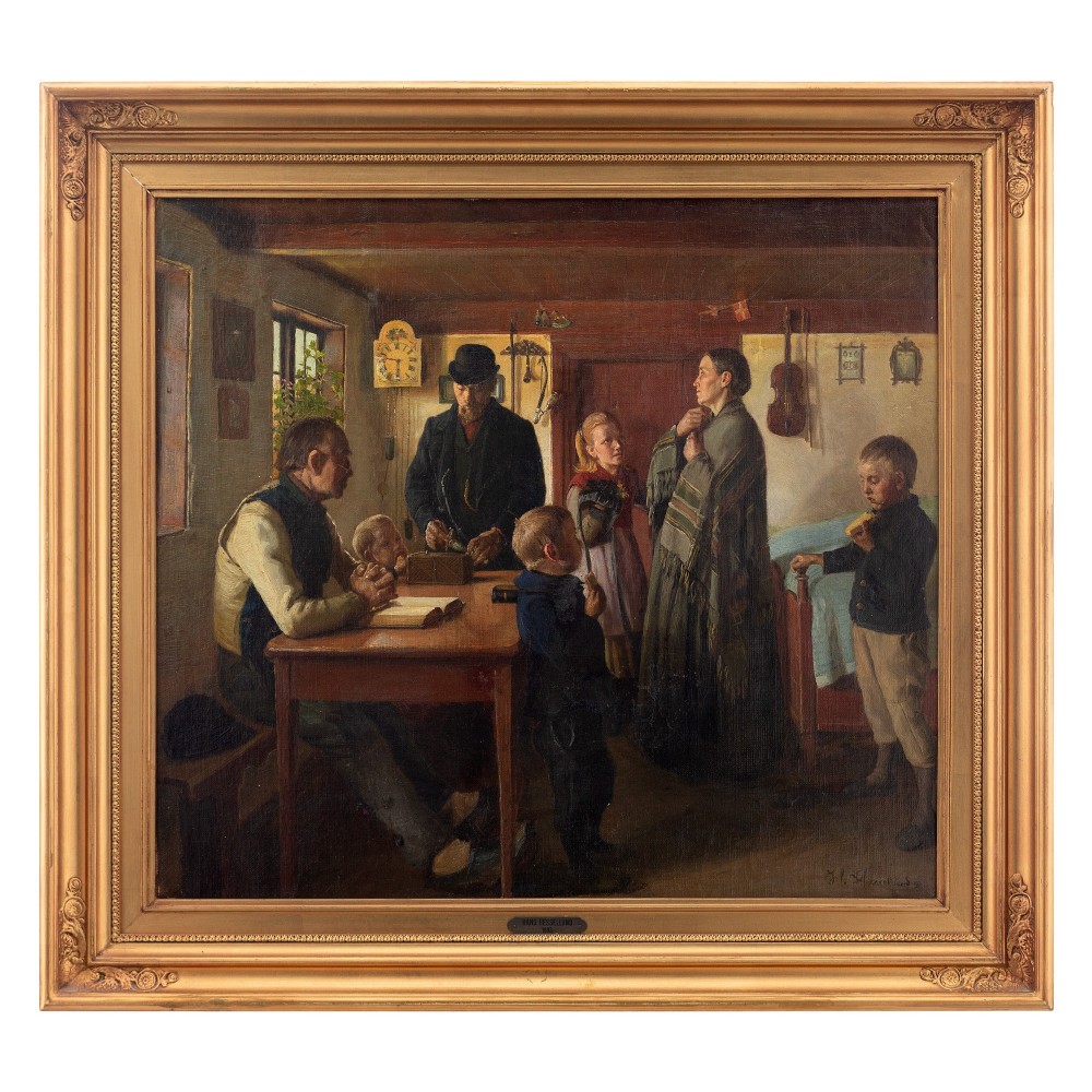 Hans Andreasen Hessellund, Farmhouse Interior Scene With Family - Antique Oil Painting 