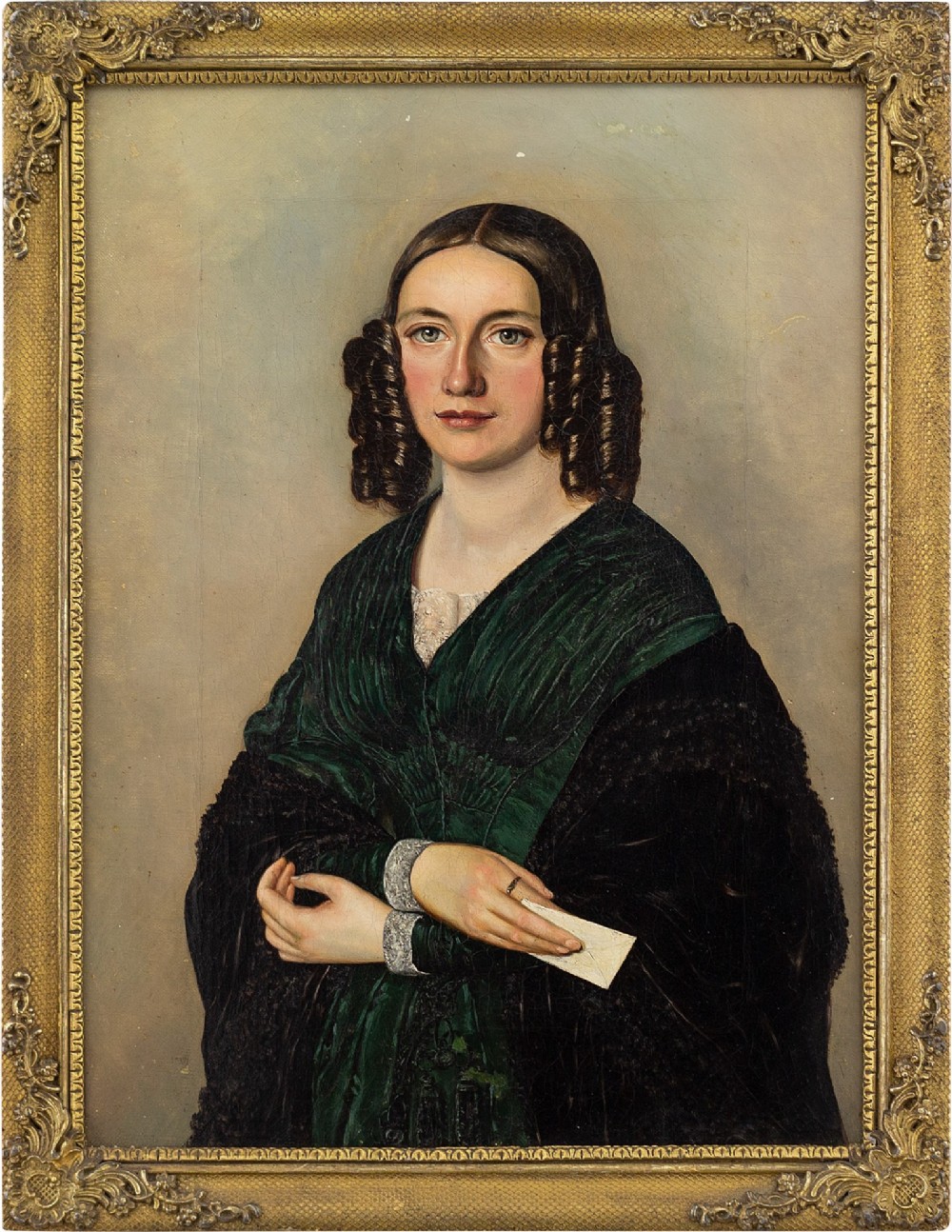 19th-Century Austrian School, Portrait Of A Lady Holding A Letter - Antique Oil Painting 